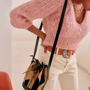 Sezane Pink V-Neck Mohair Blend Sweater
